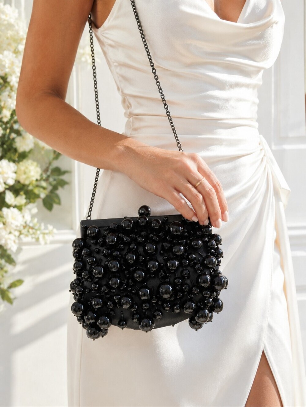 Sondra Roberts Black Beaded Clutch Minaudiere Evening Bag Chain Purse Cocktail